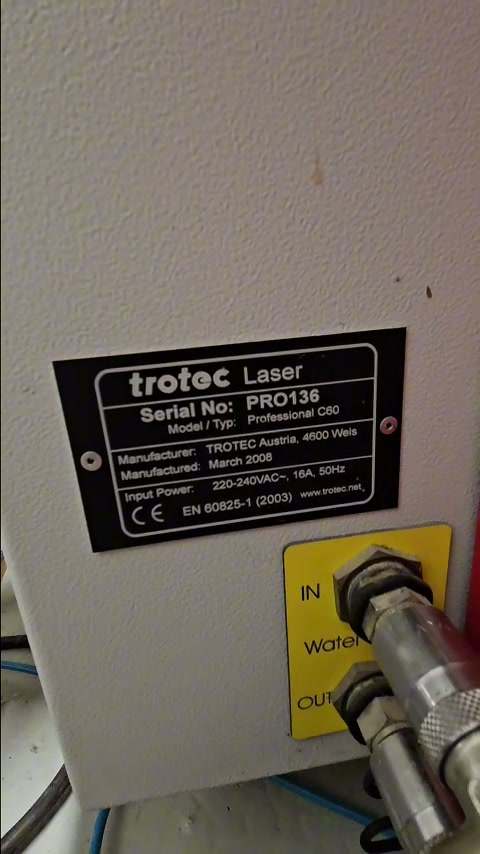 Trotec nameplate reading Serial No PRO136, Model Professional C60, manufactured March 2008 by Trotec Austria, Wels, 220–240 VAC 16 A 50 Hz, next to the yellow water in/out connectors
